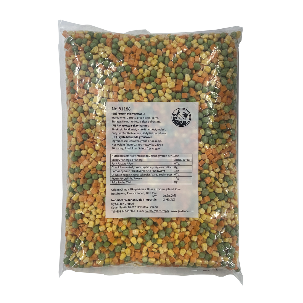 大京 冰冻混合蔬菜丁(青豆, 玉米粒, 胡萝卜) 炒饭用 2.5kg 4包/箱 | Daikyo Brand Frozen mix vegetable diced (green beans, corn kernels, carrots) 2.5kg 4Units/CTN
